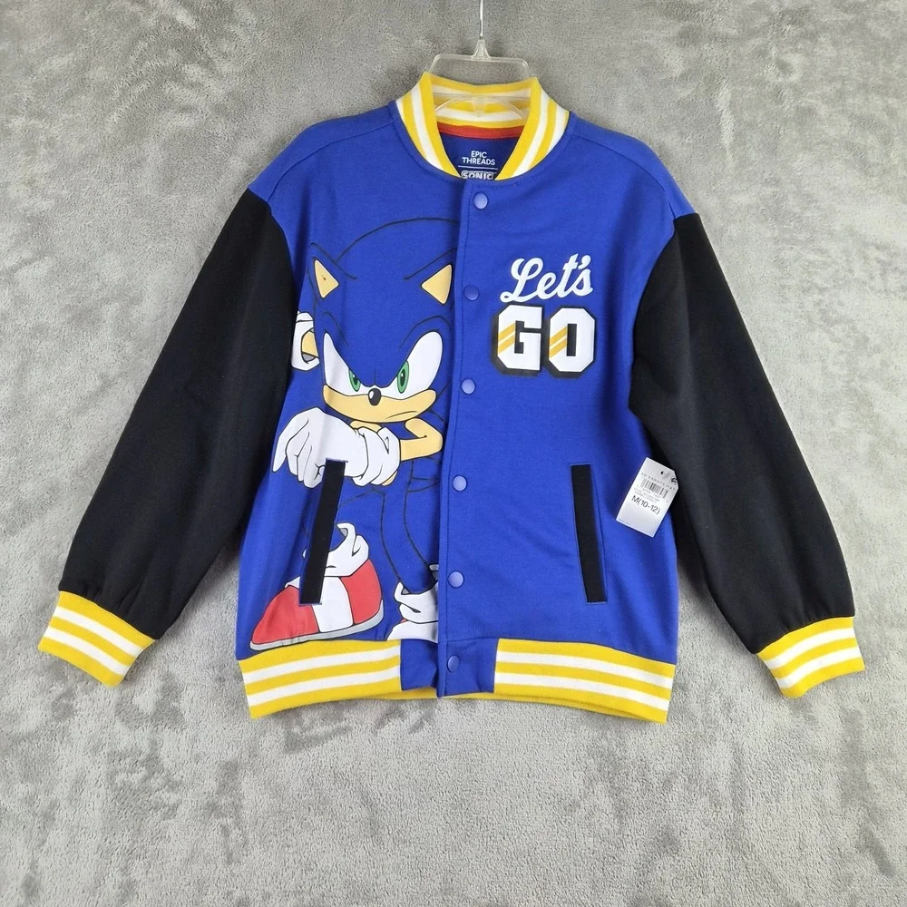 Sonic The Hedgehog Varsity Jacket Kids 10 12 Years Blue Lets Go Snap Front NEW